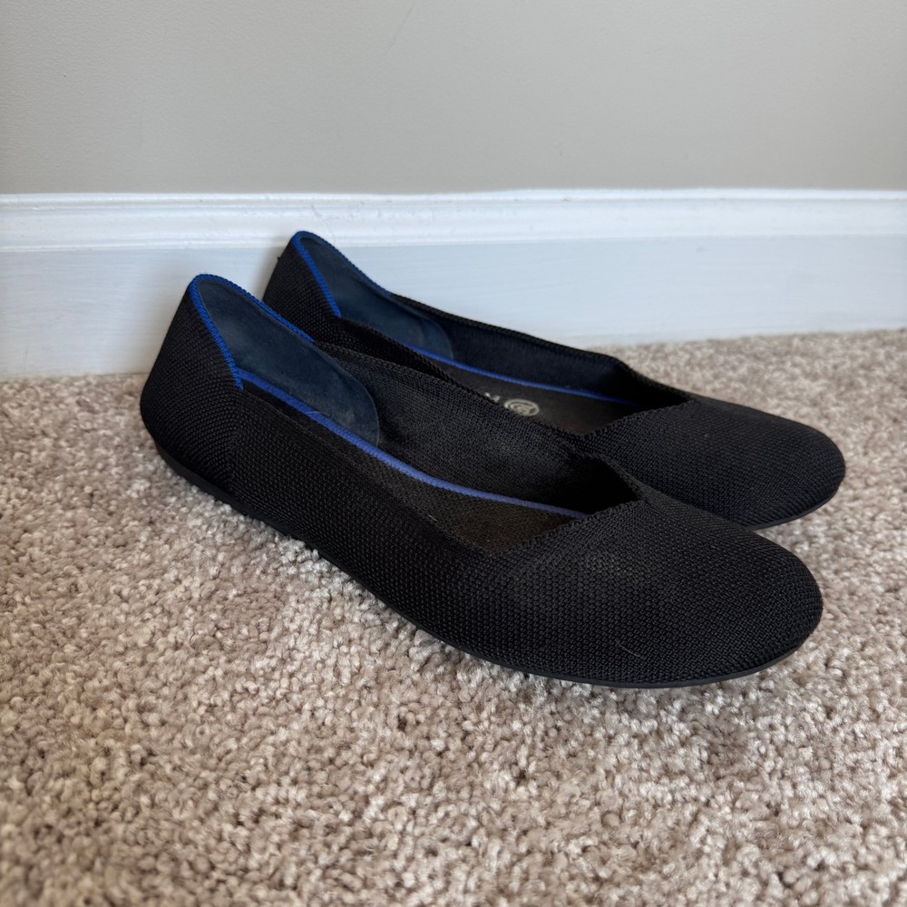 Rothys The Flat Black Solid Round Toe Knit Ballet Flats Womens 8.5